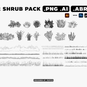 Paquete de 32 arbustos y césped (png, ai, abr) + pincel psd
