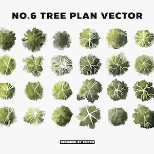 May include: A set of 25 tree plan vector illustrations in various shapes and sizes. The illustrations are in shades of green and white, with a white outline.