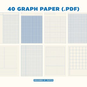 Puede incluir: Una colección de hojas de papel cuadriculado con varios estilos de cuadrícula, incluyendo cuadrículas azules y grises, y páginas rayadas. El texto "40 GRAPH PAPER (.PDF)" se muestra en la parte superior, con "DESIGNED BY FEIPCO" en la parte inferior.