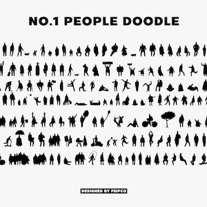 Peut inclure: Illustration en noir et blanc présentant des silhouettes de personnes dans diverses postures et activités. Le texte "NO.1 PEOPLE DOODLE" est en haut et "DESIGNED BY FEIPCO" en bas, représentant différentes formes humaines.