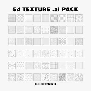 Może przedstawiać: Kolekcja 54 wzorów tekstur w pakiecie .ai, wyświetlanych w formacie siatki. Każdy kwadrat zawiera unikalny wzór, od prostych linii i siatek po bardziej złożone tekstury. Tekst "54 TEXTURE .ai PACK" znajduje się na górze.