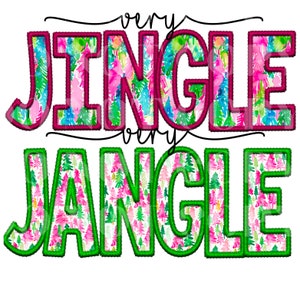 Könnte beinhalten: Ein Weihnachtsmotiv mit den Worten "very jingle very jangle" in grünen und rosa Buchstaben mit einem Aquarellmuster aus rosa und grünen Bäumen.