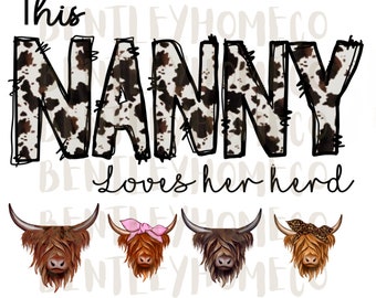 Cowhide Nanny loves her herd with highland cows PNG FILE ONLY