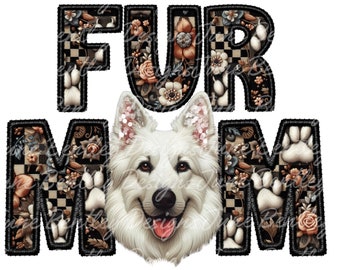 White German Shepherd Faux Embroidered Fur Mom Checkered PNG