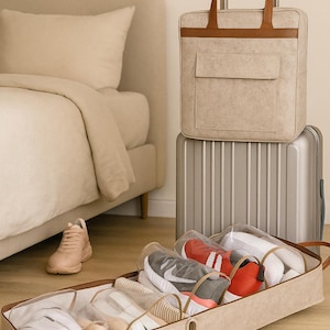 Sac de rangement pour chaussures en feutre avec poignées en cuir - Organiseur de chaussures de voyage avec poche frontale à glissière - 6 paires de chaussures de voyage pliables et suspendues