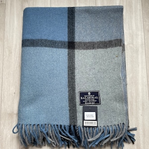 Balmoral Wool blanket, rug, throw - box check-mid blue mix