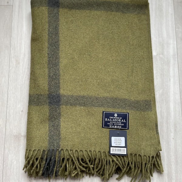 Balmoral Wool blanket, rug, throw in different Tartans - box check-sage green/grey