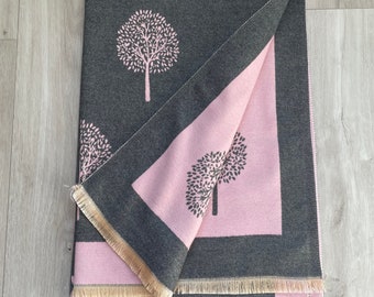 House of Tweed Super Soft Reversible Tree of Life Scarf/Wrap With Lightly Fringed Hem - pink