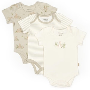 3 pcs Rabbit Organic cotton Baby Short Sleeve Body Set, Ecru-Soft Green, Baby Bodysuit,Baby rompers, Baby Onsies, Newborn Gift,Baby Clothes