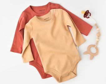 Organic 2 Pcs Baby Long Sleeved Body Set, Mustard-Cinnemon, Unisex, %100 Organic Cotton, CSY3026,Baby Bodysuit