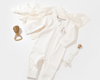 Giraffe Baby Zippered Romper,Ecru, Unisex, %100 Organic Cotton , CSY3041