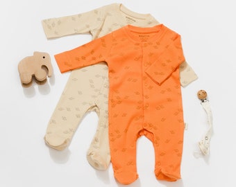 2 Pcs Baby Footed Romper,Stone-Orange,Unisex, %100 Organic Cotton,CSYM11424