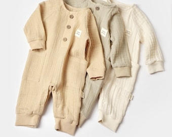 Muslin Baby Pocket Romper, Unisex Baby Shower Gift, Jumpsuit Muslin Organic Cotton, baby romper, Baby bodysuit, Muslin baby clothes