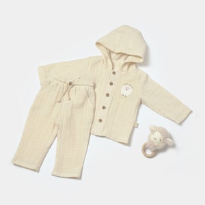 Winter Muslin Baby Hooded Jacket & Pants Set, Unisex,Baby Shower Gift, Muslin Baby Clothing Set, Organic Cotton, Baby T-shirts, Baby Pants Stone