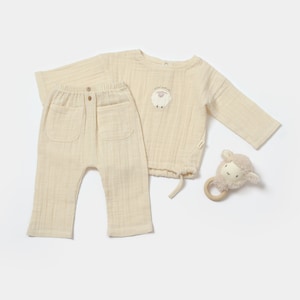 Muslin Baby Pants & Long Sleeve T-shirt Set ,Stone,Unisex,CSYM7024,Baby Shower Gift, muslin baby clothes,baby jumpsuit, organic baby clothes
