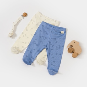 2 Pcs Organic Baby Footed Pants Set, Ecru-Blue, Unisex, Organic Cotton , CSYM11614