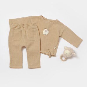 Muslin Baby Pants & Long Sleeve T-shirt Set,Apricot,Unisex,CSYM7026,Baby Shower Gift,muslin baby clothes,baby jumpsuit, organic baby clothes
