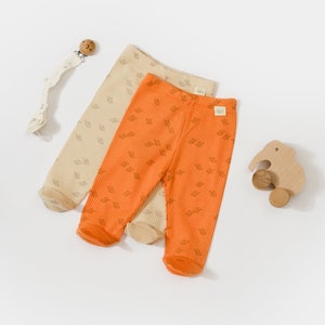 2 Pcs Organic Baby Footed Pants Set, Stone-Orange, Unisex,  Organic Cotton , CSYM11616