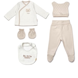 Teddy Bear Organic 5 Pcs Baby Newborn Set,Baby Gift, Baby Shower Gift, 100% Organic Cotton-Ecru, Unisex, Newborn Coming Home Outfit Set