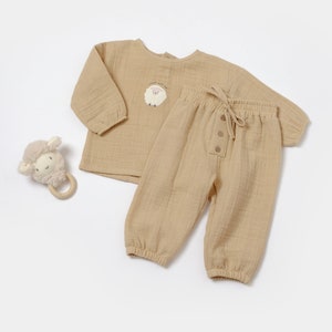 Muslin Baby Pants & Long Sleeve T-shirt Set ,Apricot,Unisex, Baby Shower Gift,muslin baby clothes,baby jumpsuit, organic baby clothes