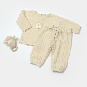 Muslin Baby Pants & Long Sleeve T-shirt Set ,Stone,Unisex,Baby Shower Gift, muslin baby clothes,baby jumpsuit, organic baby clothes