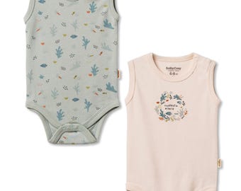 2 Pcs Baby Sleeveless Body Set, Cream-Mint, Unisex,  Organic Cotton, CSY8200,Baby Bodysuit, Sleeveless Summer Onesie