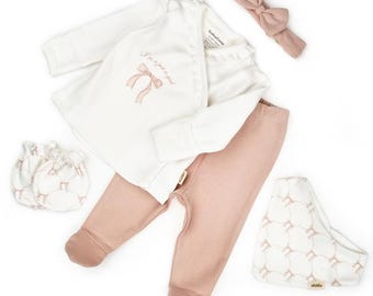 5 Pcs Baby  Set, Ecru & Powder ,Baby Gift, Baby Shower Gift, 100% Organic Cotton, Unisex, Newborn Coming Home Outfit Set