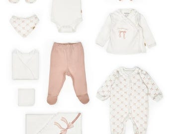 10 Pcs Baby Set , Ecru & Powder , 100% Organic Cotton, Unisex, Newborn Coming Home Outfit Set