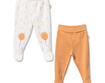 2 Pcs Baby  Footed Pants Set, Ecru, Organic Cotton ,Baby Outfit, Newborn Girl Set, Baby Shower Gift