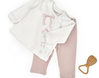 2 Pcs Baby  Sweatshirt & Pants Set, Ecru - Powder, Organic Cotton Baby Outfit, Newborn Girl Set, Baby Shower Gift