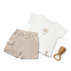 Organic Muslin  Baby Short & Tshirt Set, Mink-Ecru,Unisex, Muslin Summer Toddler Outfit, Muslin Summer Clothes,Muslin Kids Clothes