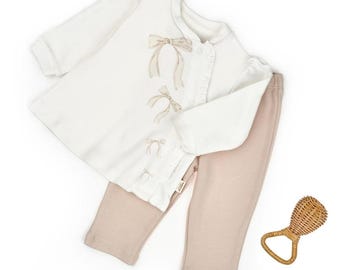 2 Pcs Baby  Sweatshirt & Pants Set, Ecru - Stone, Organic Cotton Baby Outfit, Newborn Girl Set, Baby Shower Gift
