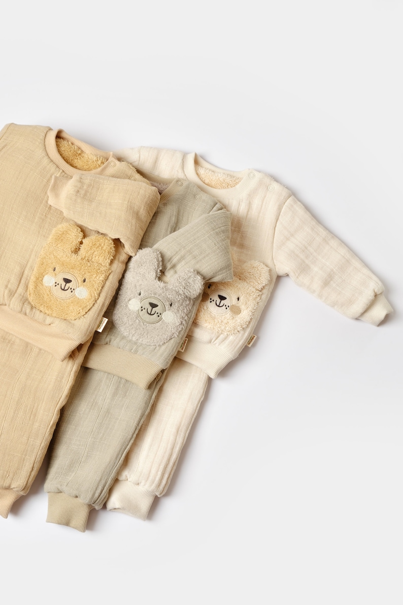 Winter Muslin Baby Pants & Long Sleeve T-shirt Set, Unisex,Baby Shower Gift,Muslin Baby Clothing Set,Organic Cotton,Baby T-shirts,Baby Pants image 1