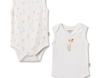 2 Pcs Baby Sleeveless Body Set, Ecru, Unisex,  Organic Cotton, Baby Bodysuit, Sleeveless Summer Onesie