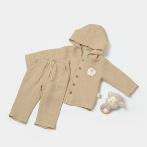 Winter Muslin Baby Hooded Jacket & Pants Set, Unisex,Baby Shower Gift, Muslin Baby Clothing Set, Organic Cotton, Baby T-shirts, Baby Pants Apricot