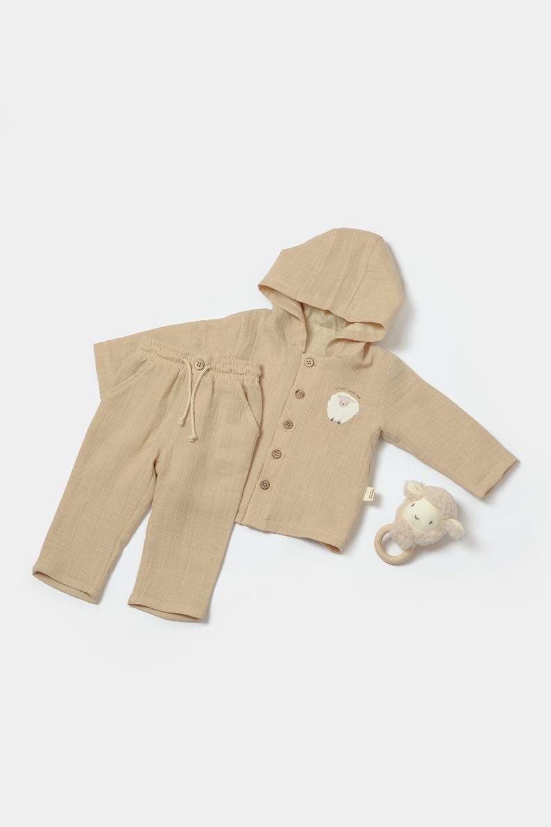 Winter Muslin Baby Hooded Jacket & Pants Set, Unisex,Baby Shower Gift, Muslin Baby Clothing Set, Organic Cotton, Baby T-shirts, Baby Pants Apricot