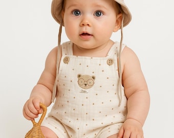 Organic Muslin 2 pcs Salopette with hat, Mink-Ecru , Muslin Baby Dungarees, Muslin Romper, baby Strap rompers, Lightweight Summer Romper