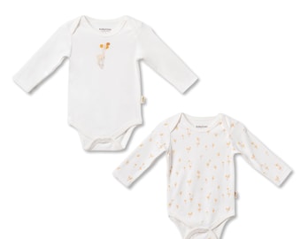2 Pcs  Baby Long Sleeved Body Set, Ecru, Unisex,  Organic Cotton,Baby Bodysuit, Sleeved Summer Onesie