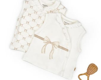 2 Pcs Baby Double Breasted Vests Set,Ecru-Stone,Organic Cotton Baby Outfit, Newborn Girl Set, Baby Shower Gift,