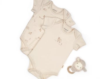 2 Pcs Baby  Short Sleeve Body Set, Cream & Beige, Organic Cotton Baby Outfit, Newborn Girl Set, Baby Shower Gift