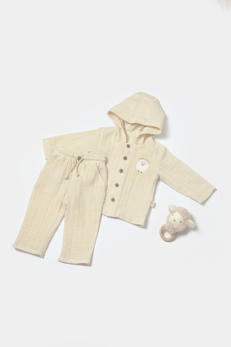 Winter Muslin Baby Hooded Jacket & Pants Set, Unisex,Baby Shower Gift, Muslin Baby Clothing Set, Organic Cotton, Baby T-shirts, Baby Pants Stone