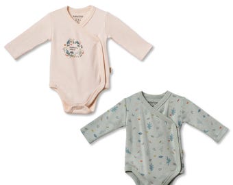 2 Pcs Double Breasted Long Sleeve Body Set, Cream - Mint, Organic Cotton ,CSY8205,Baby Outfit, Newborn Girl Set, Baby Shower Gift