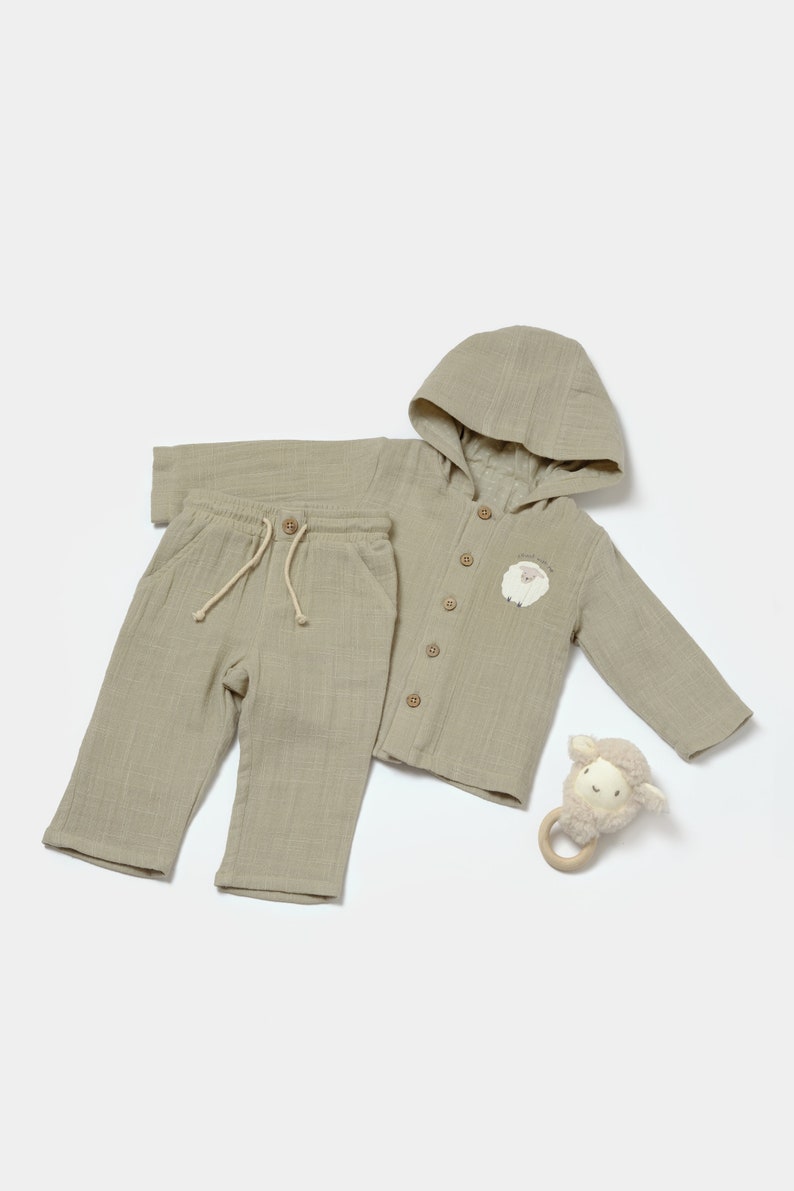 Winter Muslin Baby Hooded Jacket & Pants Set, Unisex,Baby Shower Gift, Muslin Baby Clothing Set, Organic Cotton, Baby T-shirts, Baby Pants Green