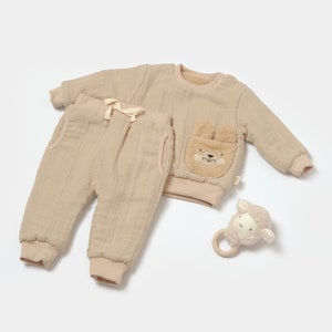 Winter Muslin Baby Pants & Long Sleeve T-shirt Set, Unisex,Baby Shower Gift,Muslin Baby Clothing Set,Organic Cotton,Baby T-shirts,Baby Pants Apricot