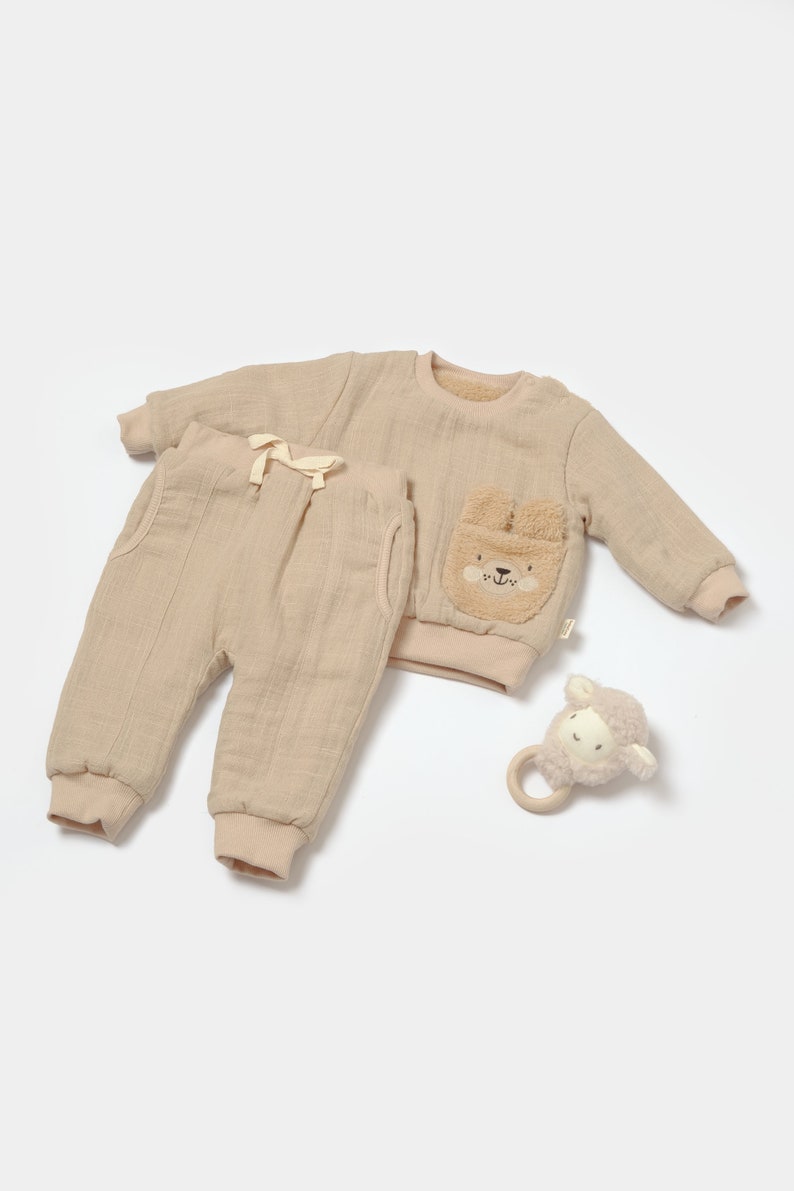 Winter Muslin Baby Pants & Long Sleeve T-shirt Set, Unisex,Baby Shower Gift,Muslin Baby Clothing Set,Organic Cotton,Baby T-shirts,Baby Pants Apricot