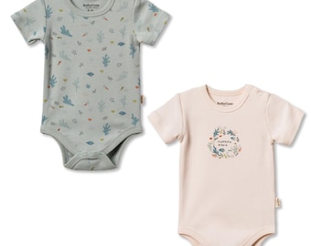 2 Pcs Baby  Short Sleeve Body Set, Unisex , Cream -Mint, Organic Cotton ,CSY8201,Baby Outfit, Newborn Girl Set, Baby Shower Gift