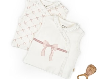 2 Pcs Baby Double Breasted Vests Set,Ecru-Stone,Organic Cotton Baby Outfit, Newborn Girl Set, Baby Shower Gift,