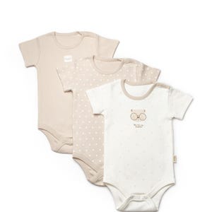 Teddy Bear 3 Pcs Baby Short  Sleeve Body Set, Mink-Ecru, Unisex, Organic cotton bodysuit, baby bodysuit, baby shower gift,Baby Romper
