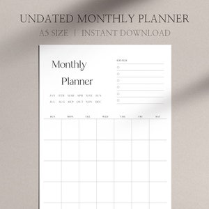 A5 Monthly Planner Printable | Undated Monthly Calendar Pdf, Digital ...