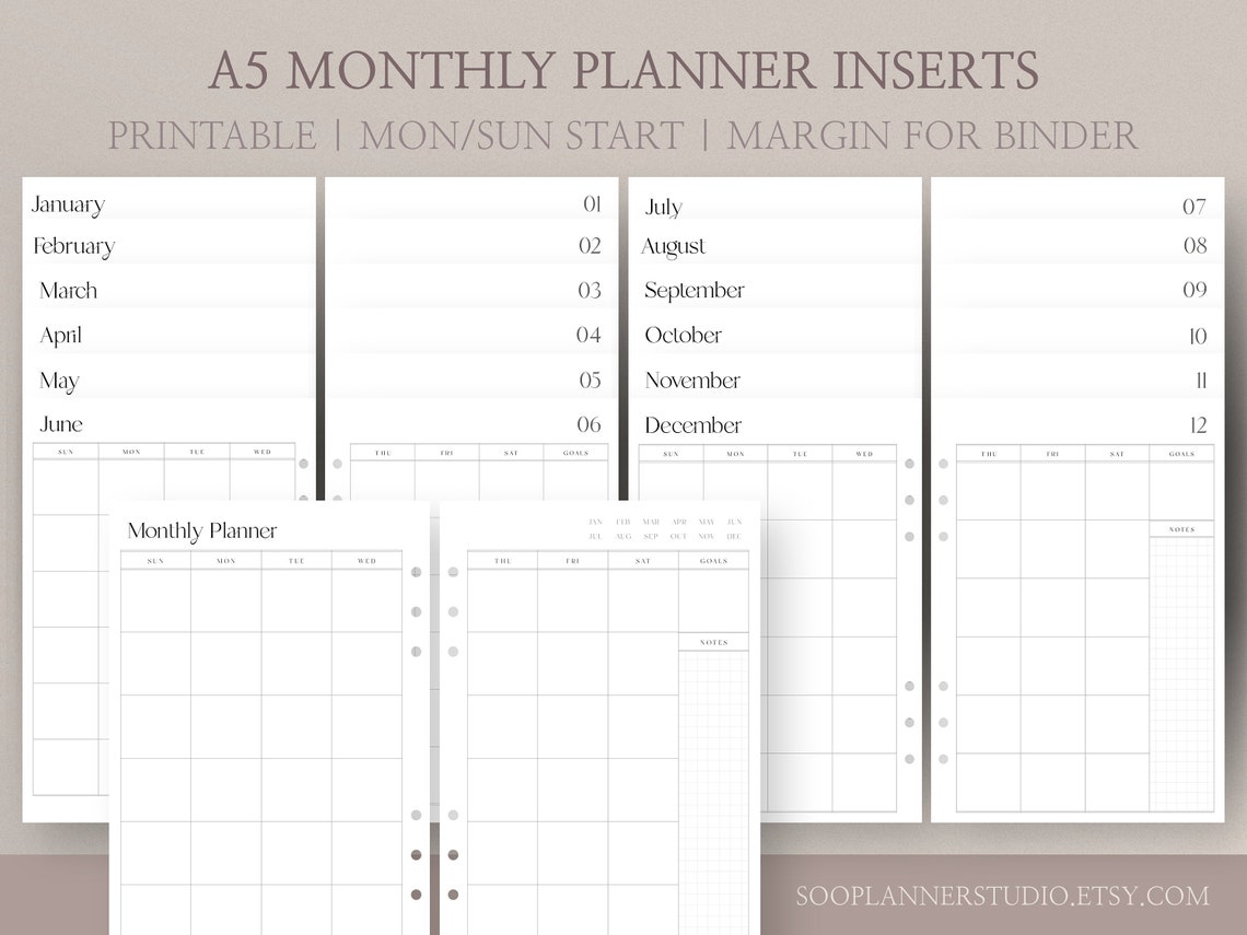 Printable A5 Planner Inserts Bundle Minimalist Daily Planner Pdf
